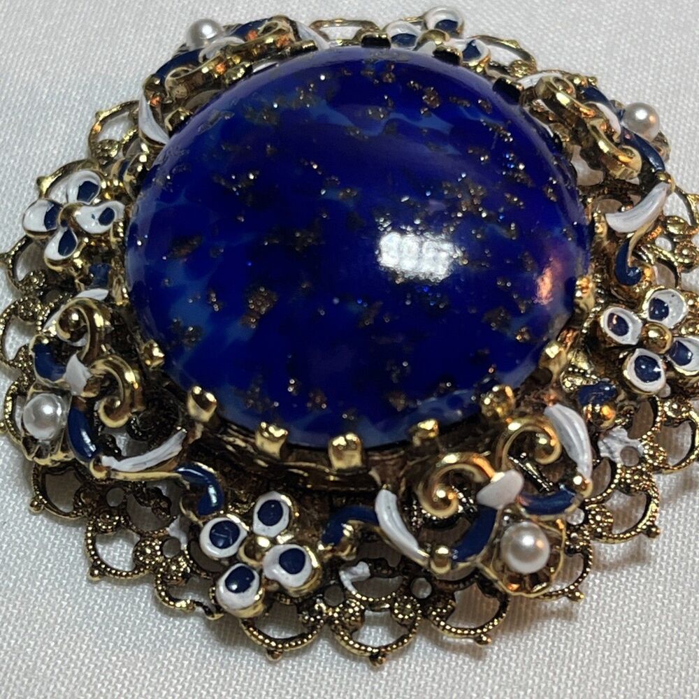 Vtg Austrian Victorian Faux Pearl Rare Brouch Pin Blue Lapis Stone Gold Tone